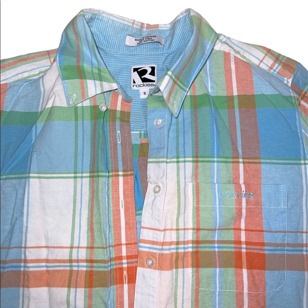 Rockies Button Down White, Orange, Blue, Green Plaid Long Sleeve Shirt